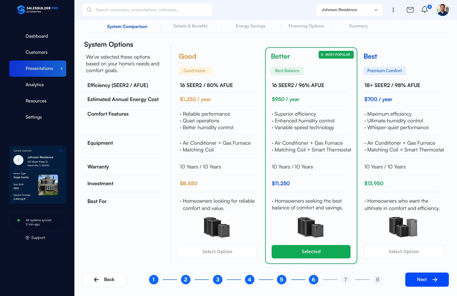 Instant quote and financing options screen in SalesBuilder Pro