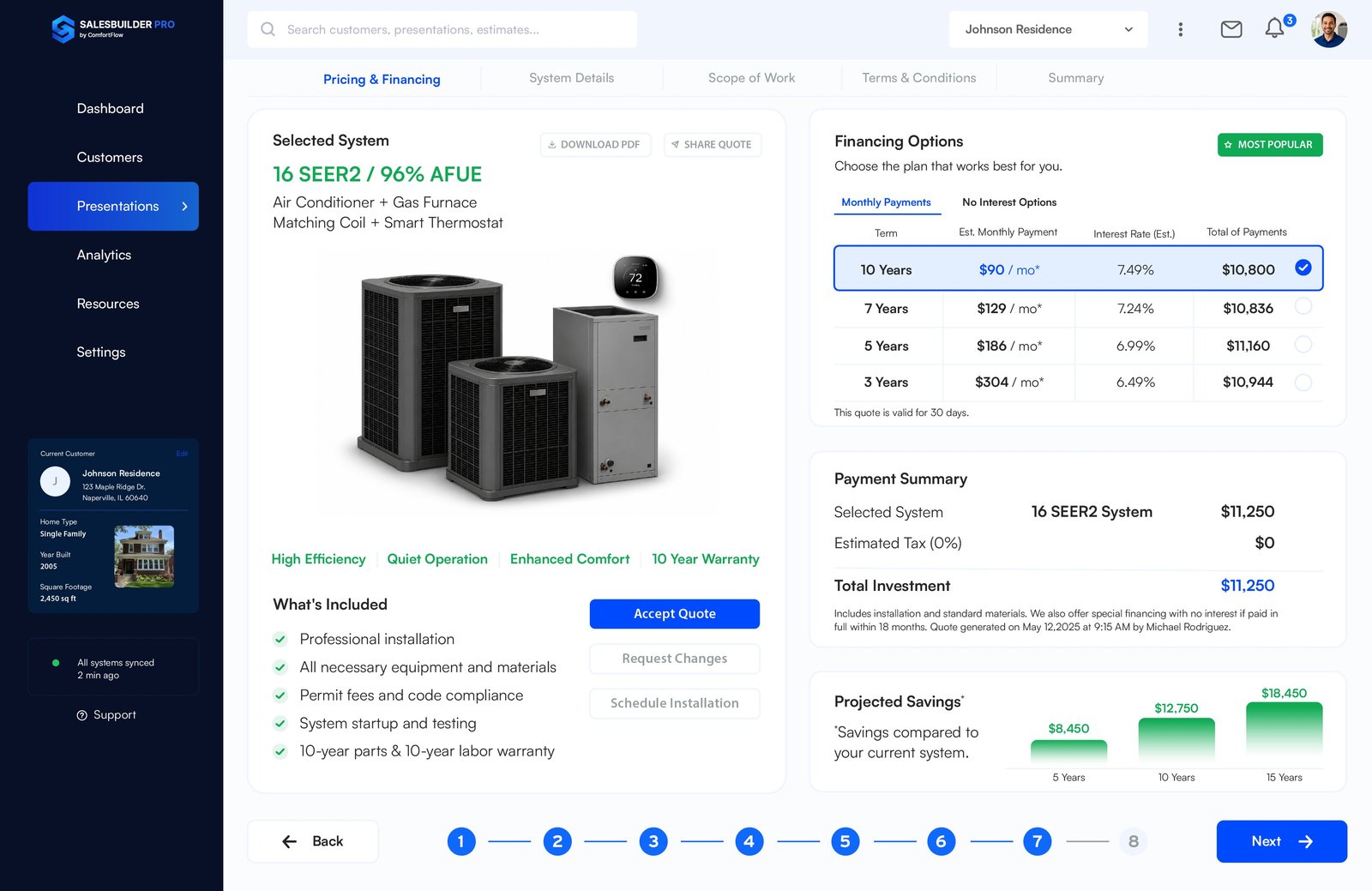 Closing thank-you screen with project summary in SalesBuilder Pro